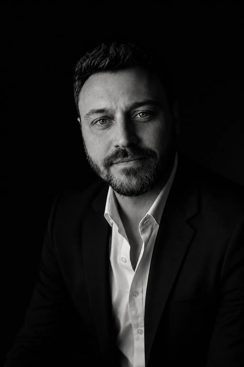 Retrato em preto e branco de Rodrigo Feldman em estúdio